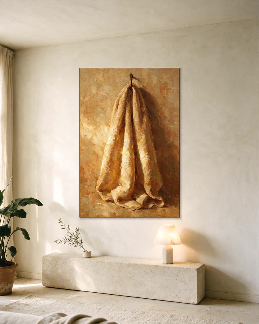 Omslagdoek aan een haak in een aluminium frame aan dezelfde muur