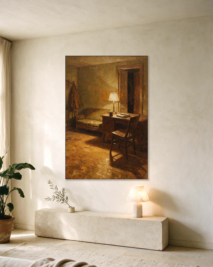 Bureau met een lamp aan in een aluminium frame aan dezelfde muur