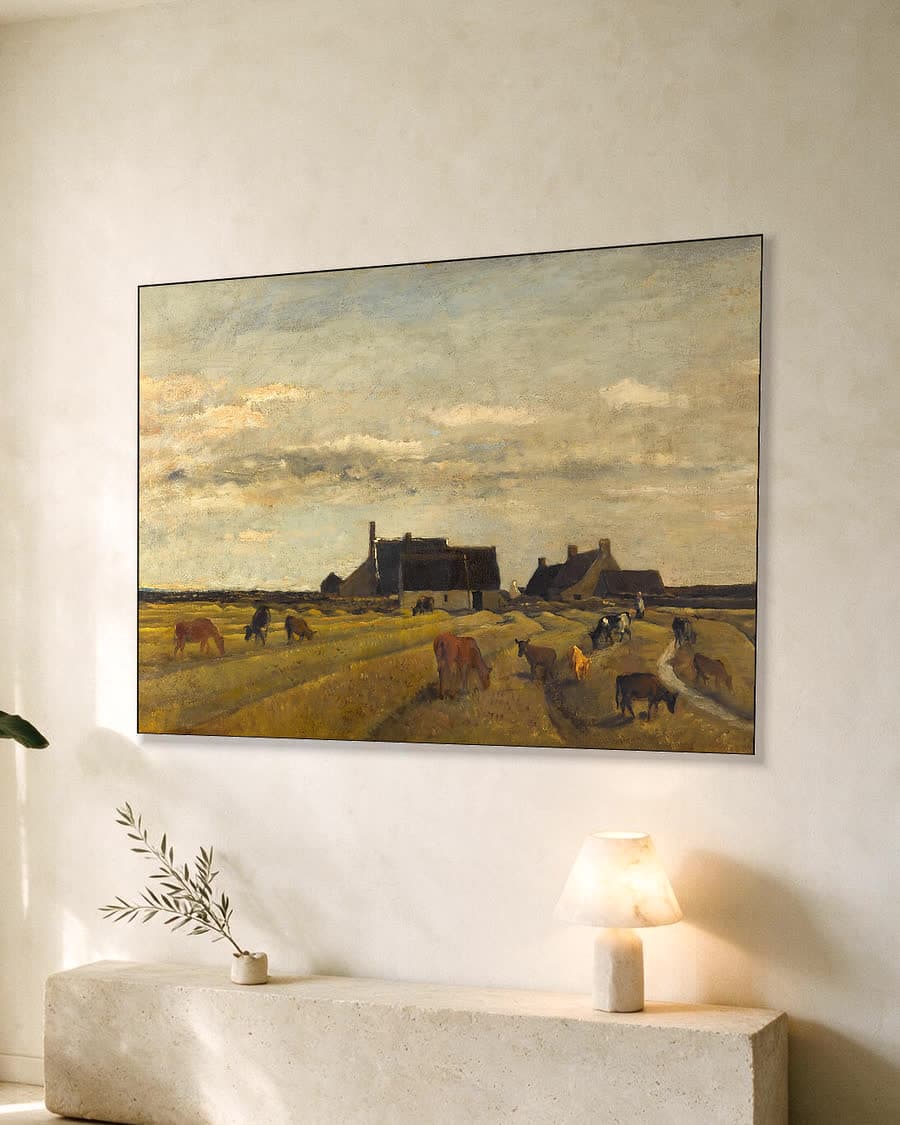 Landelijk tafereel met grazende koeien in een aluminium frame aan dezelfde muur