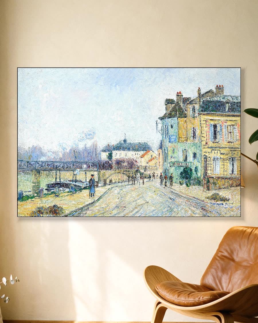 De kade van de Oise bij Pontoise in een aluminium frame aan dezelfde muur