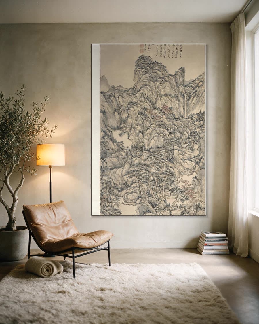Oosters Berglandschap met Waterval in een aluminium frame aan dezelfde muur