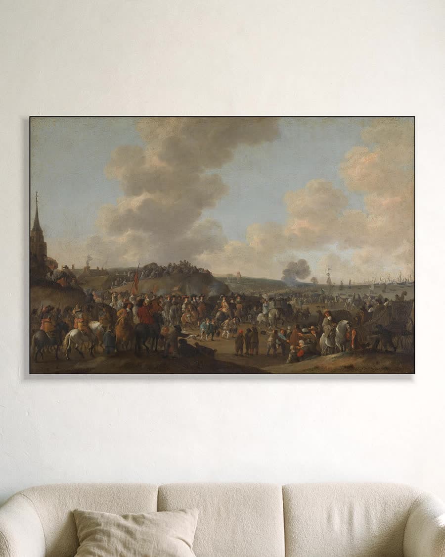 Het vertrek van Karel II van Engeland uit Scheveningen, 2 juni 1660 in een aluminium frame aan dezelfde muur