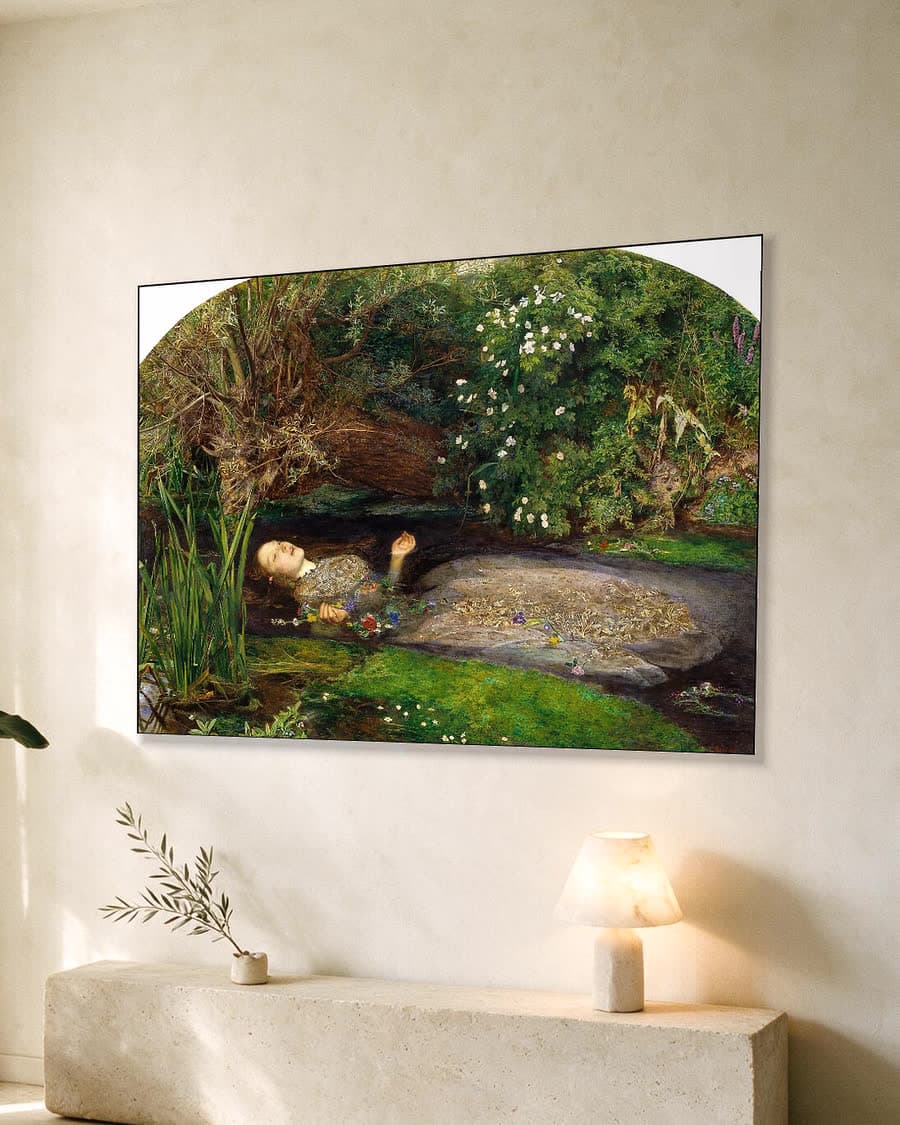 Ophelia in een aluminium frame aan dezelfde muur