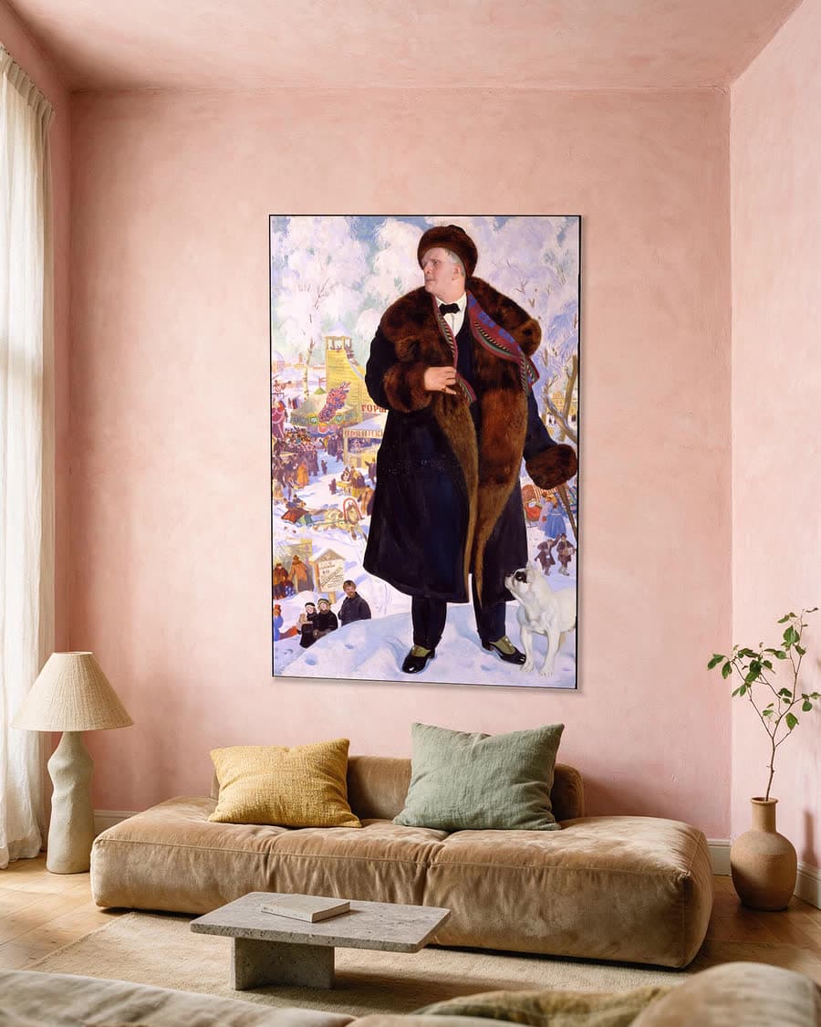Portret van Fjodor Sjaljapin in een aluminium frame aan dezelfde muur