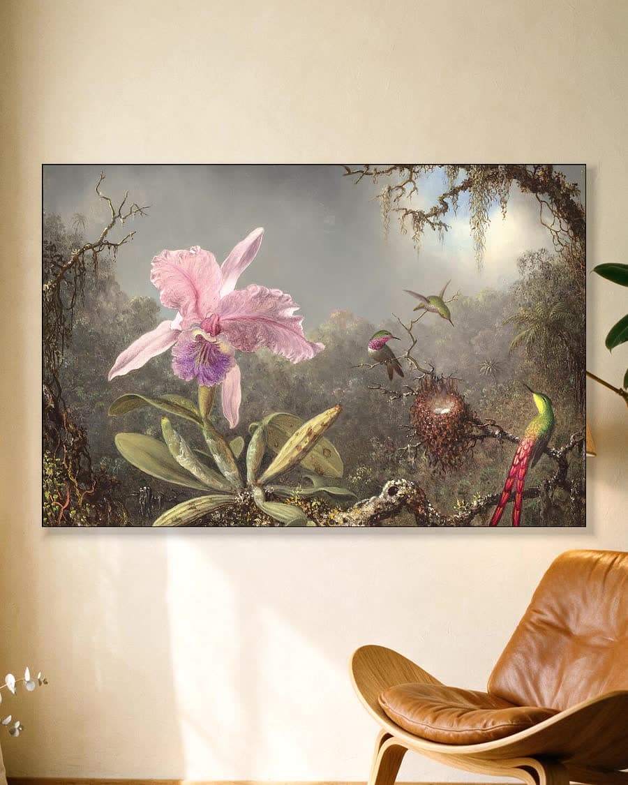 Cattleya-orchidee en drie kolibries in een aluminium frame aan dezelfde muur