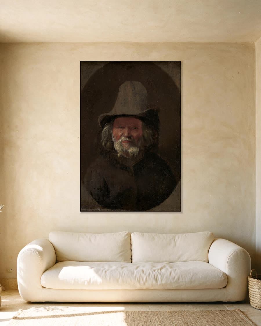 Oude man, kop en schouders in een aluminium frame aan dezelfde muur