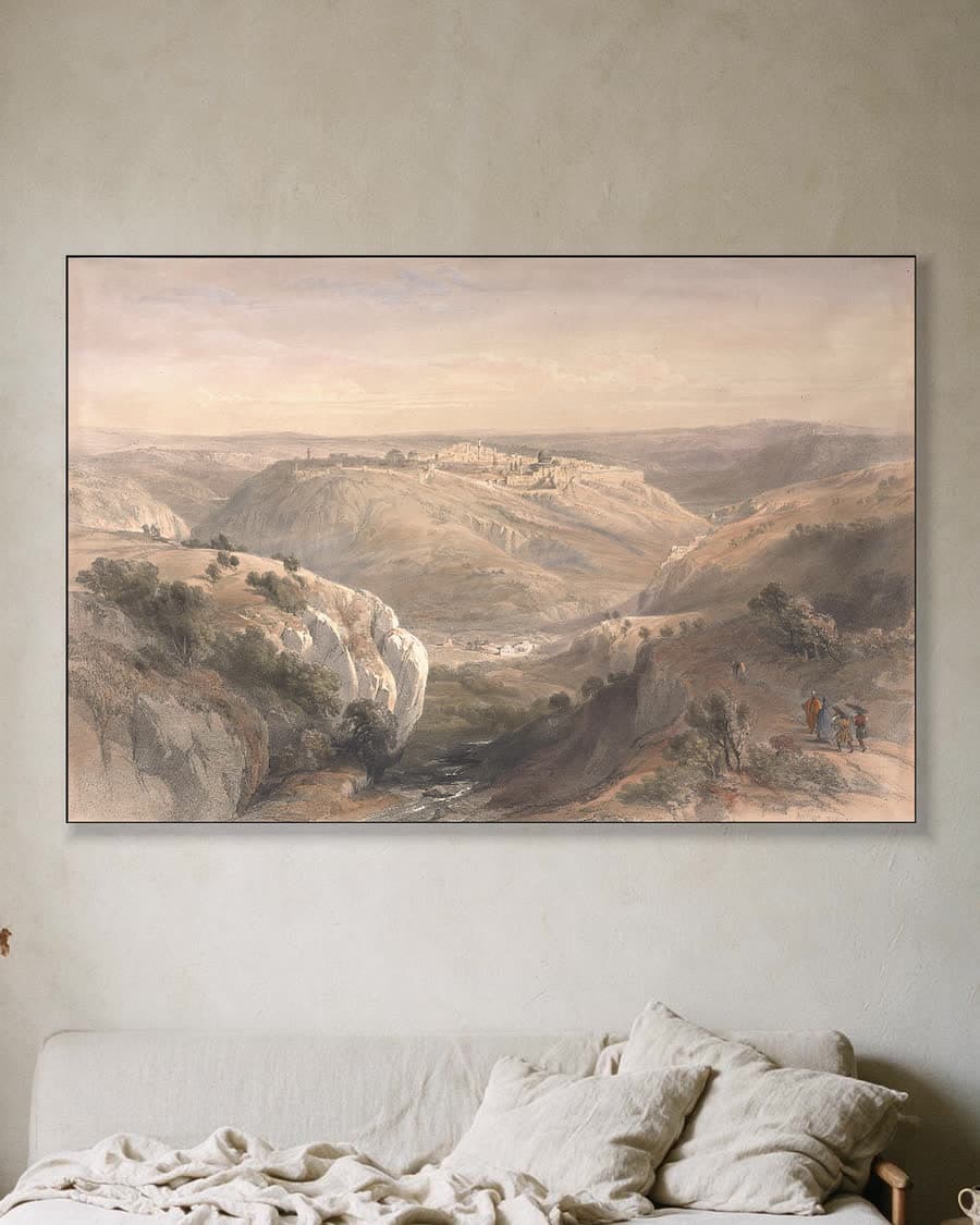 Oude stad in de vallei in een aluminium frame aan dezelfde muur