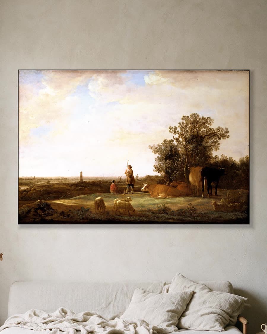 Uitzicht over de vlakte met herder en vee in een aluminium frame aan dezelfde muur