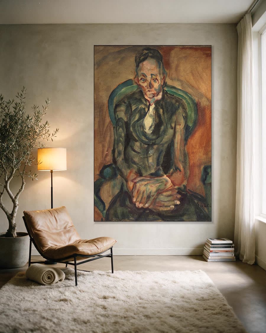 Oude vrouw in een aluminium frame aan dezelfde muur