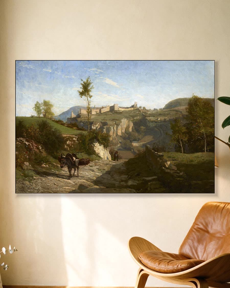 Landschap met ezel en kasteel in een aluminium frame aan dezelfde muur