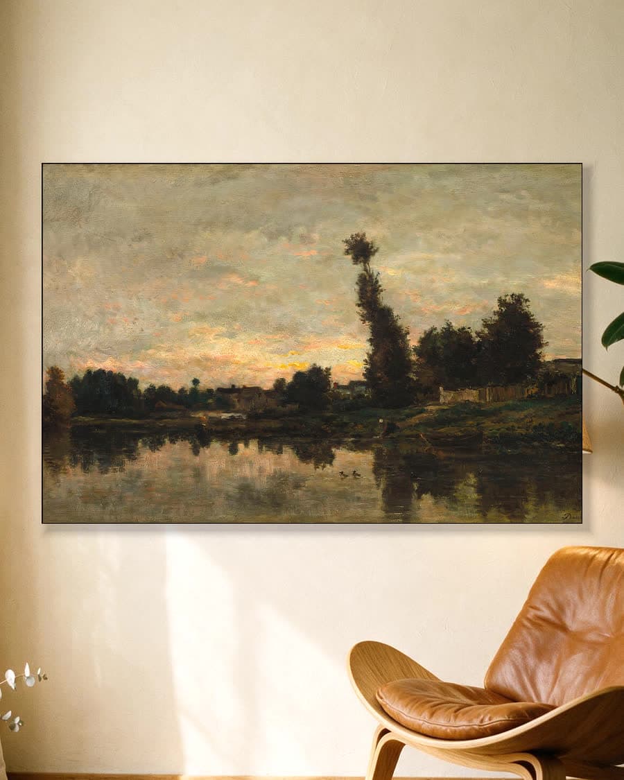 Avond aan de rivier in een aluminium frame aan dezelfde muur