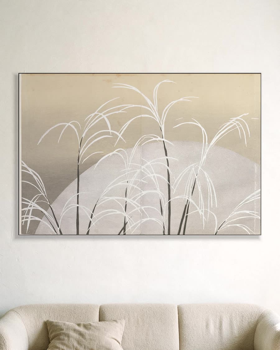 Pampas Grass in Moonlight (Obana ni tsuki) in een aluminium frame aan dezelfde muur