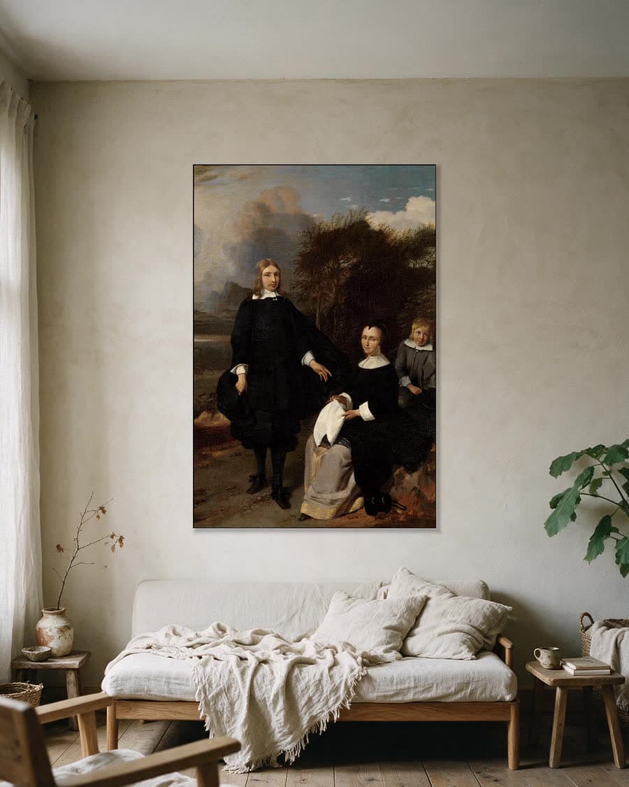 Familiegroep in een landschap in een aluminium frame aan dezelfde muur