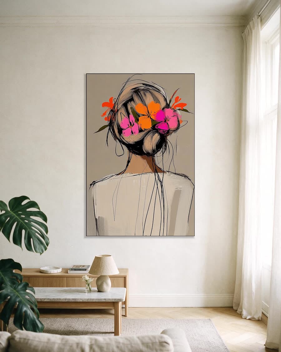 Bloemen in het haar in een aluminium frame aan dezelfde muur