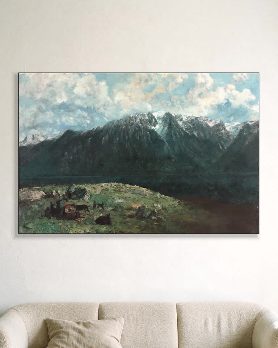 Panoramisch gezicht op de Alpen, Les Dents du Midi in een aluminium frame aan dezelfde muur