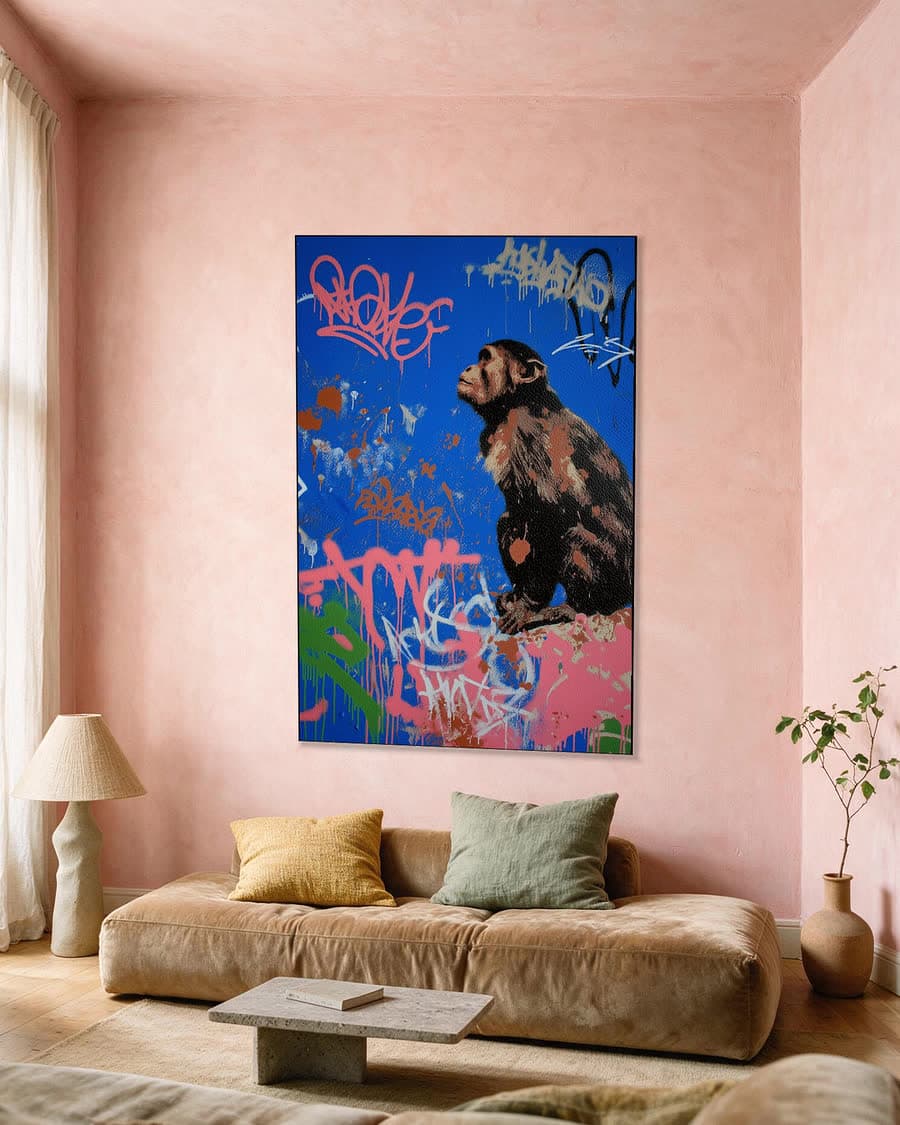 Aap op kobalt in een aluminium frame aan dezelfde muur