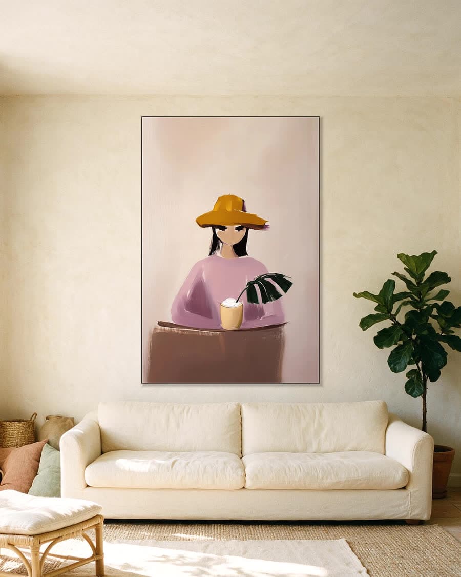 Onder de gele hoed in een aluminium frame aan dezelfde muur