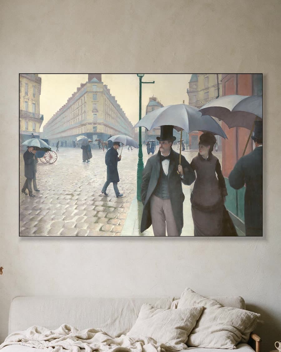 Parijse straat; regenachtige dag (1877) in een aluminium frame aan dezelfde muur