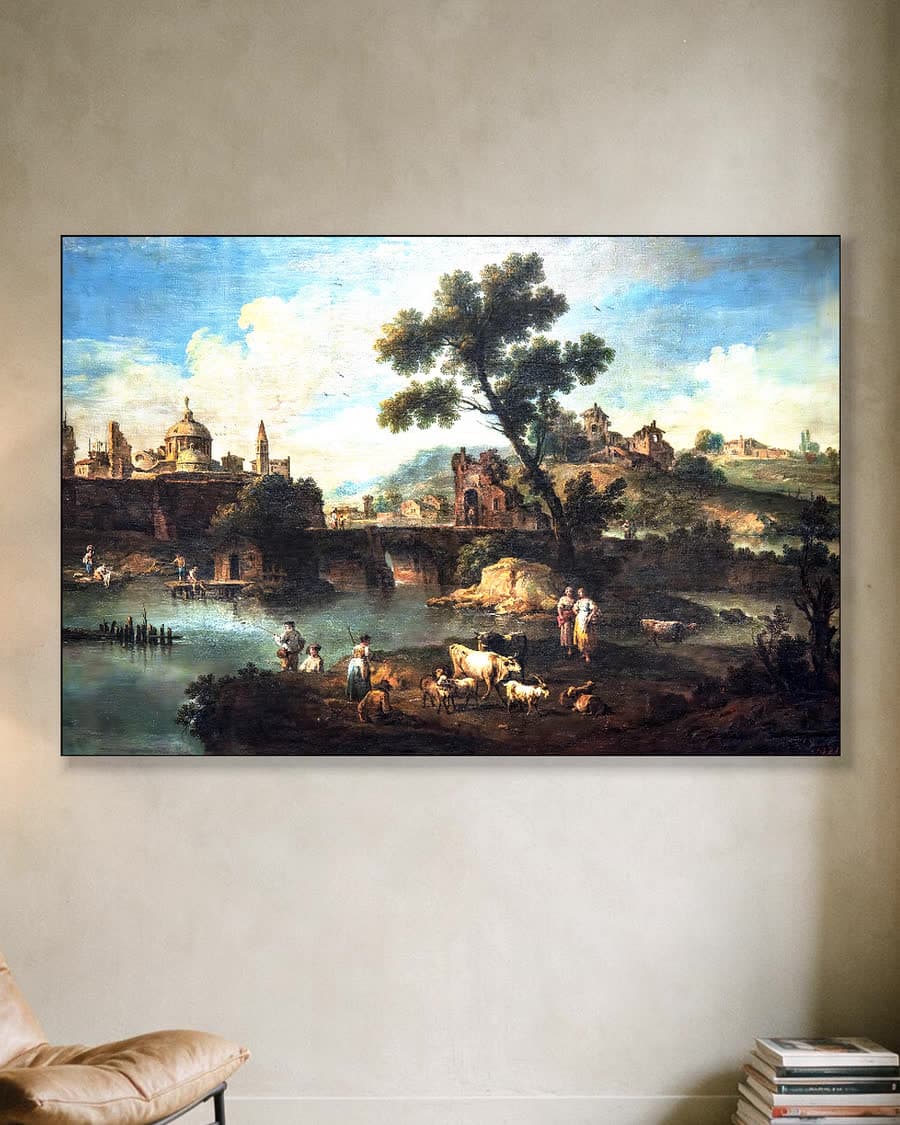 Pastorale rivierlandschap met vee en vissers in een aluminium frame aan dezelfde muur