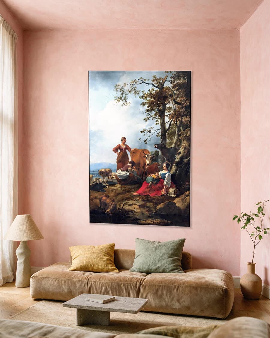 Pastorale scène met herders en vee in een aluminium frame aan dezelfde muur
