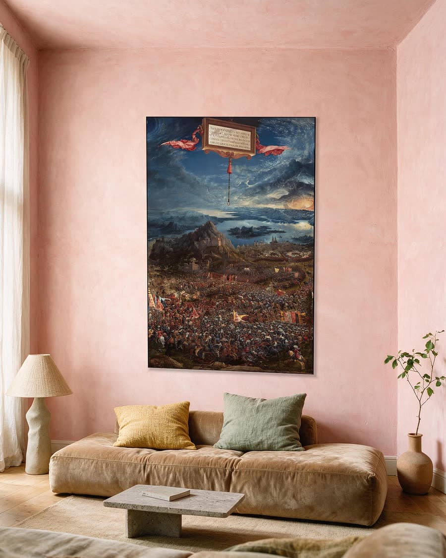 De slag bij Issus in een aluminium frame aan dezelfde muur