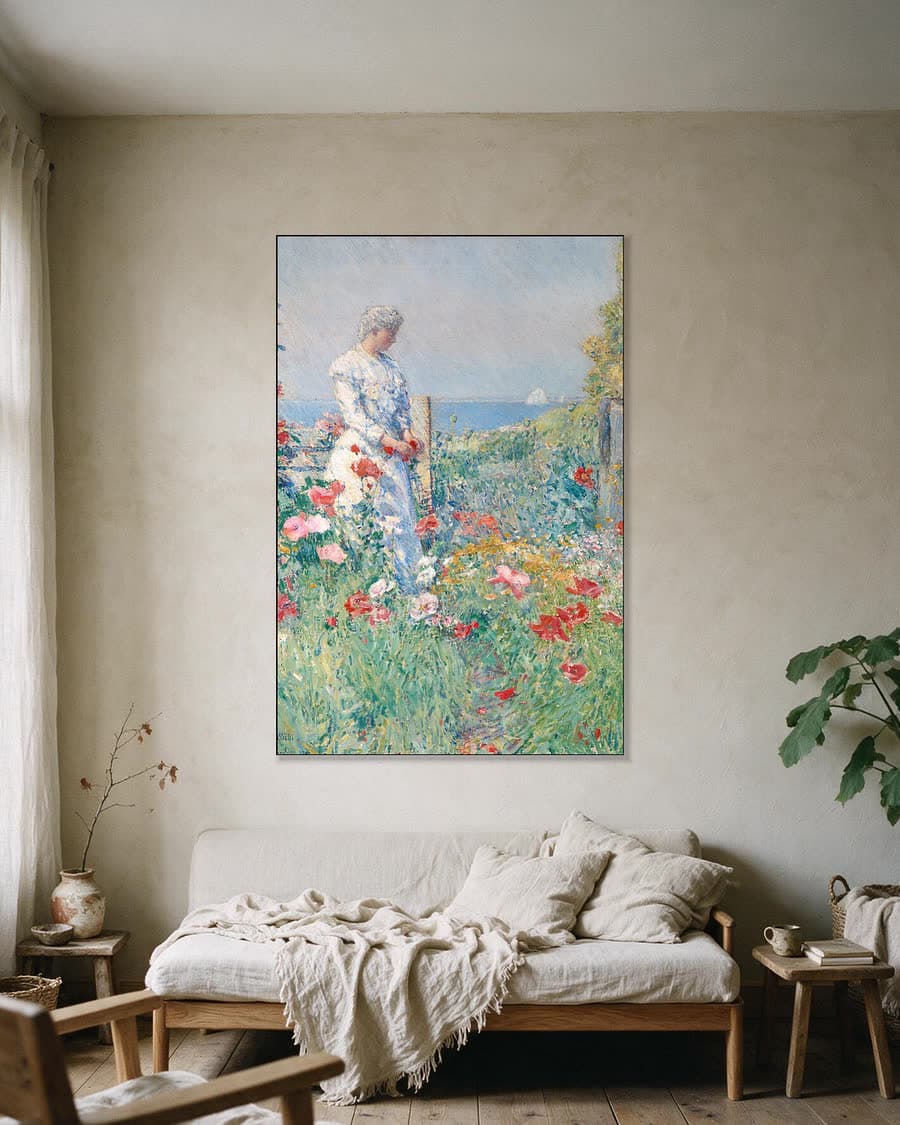 Celia Thaxter in haar tuin in een aluminium frame aan dezelfde muur