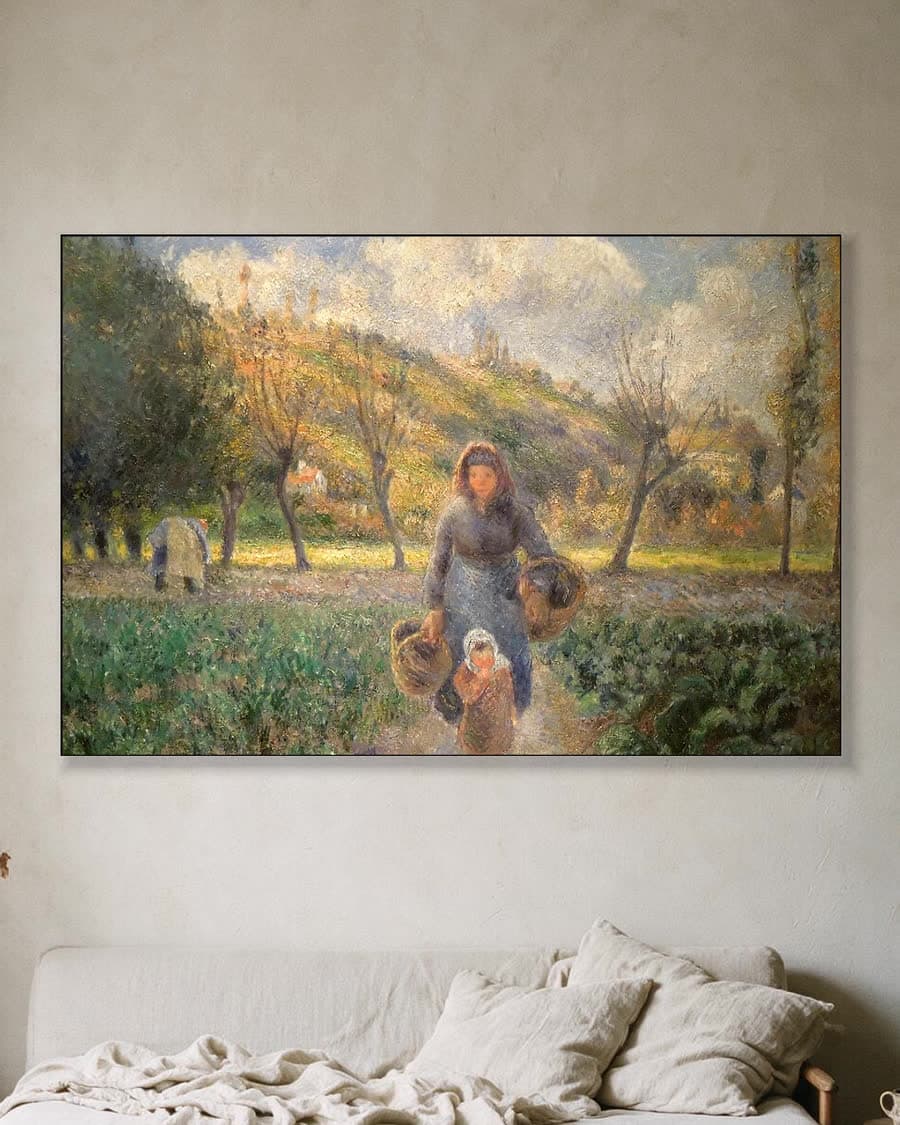 Boerin en kind, terug van het veld in een aluminium frame aan dezelfde muur