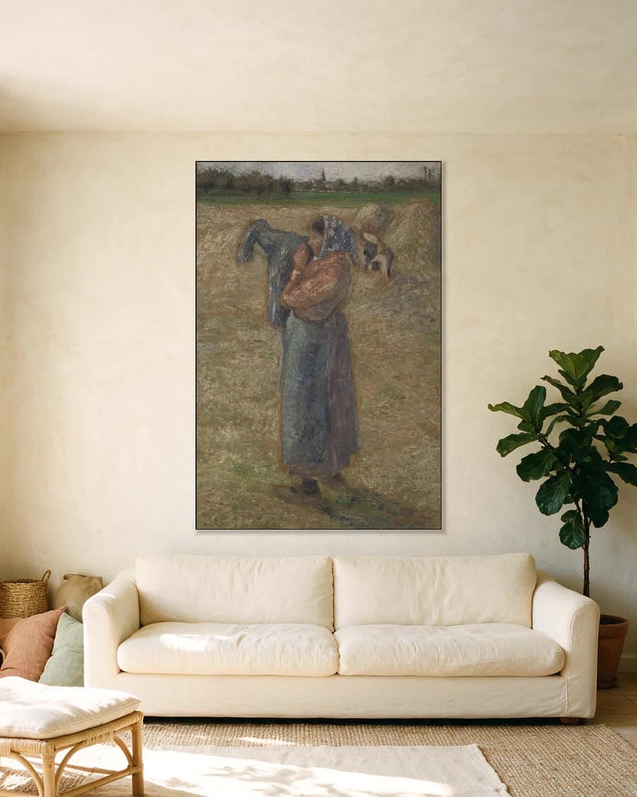 Boerin op het veld in een aluminium frame aan dezelfde muur