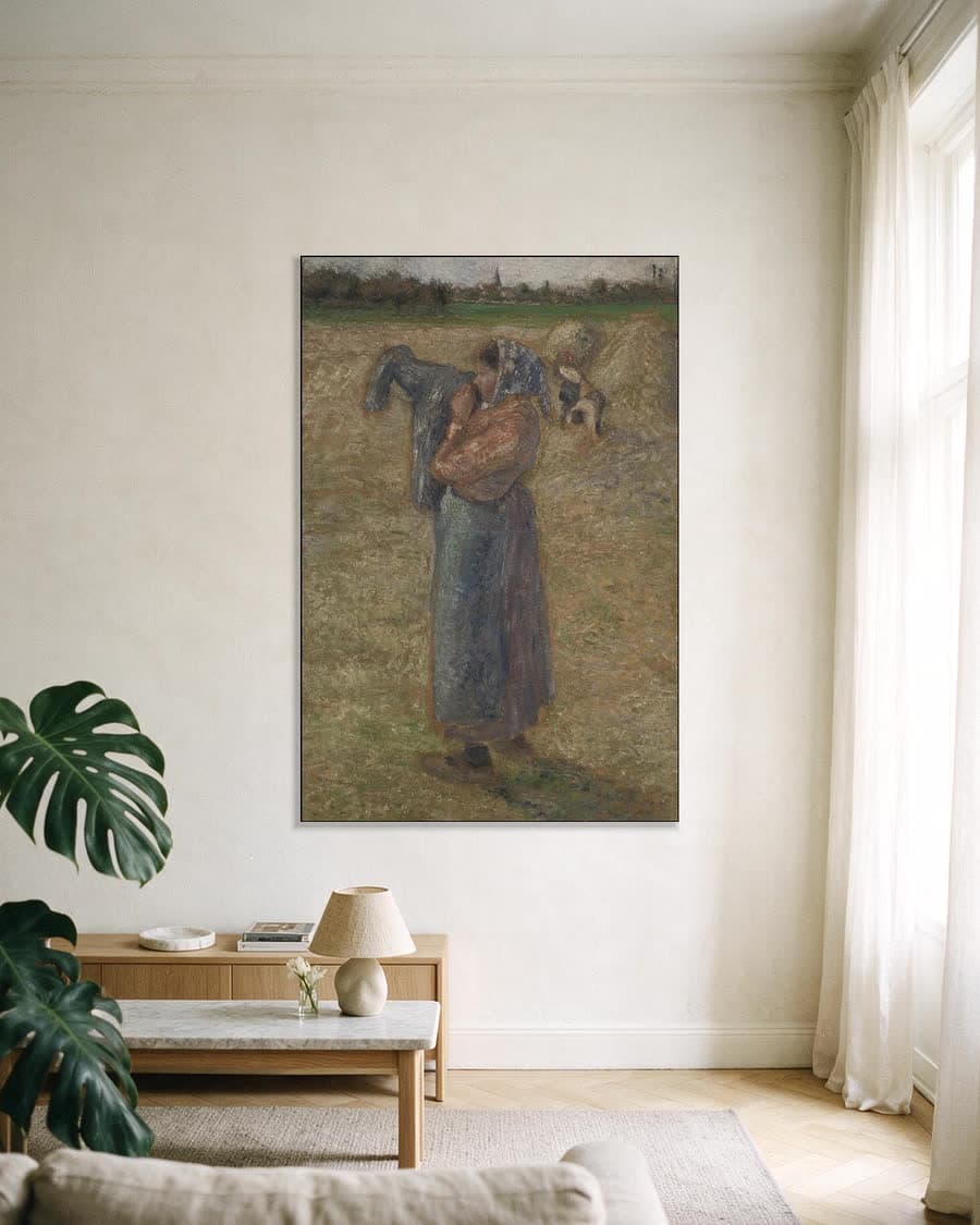 Boerin op het veld in een aluminium frame aan dezelfde muur
