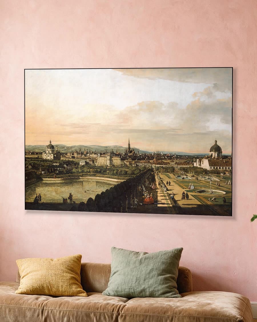 Panoramisch stadsgezicht met paleistuin in een aluminium frame aan dezelfde muur
