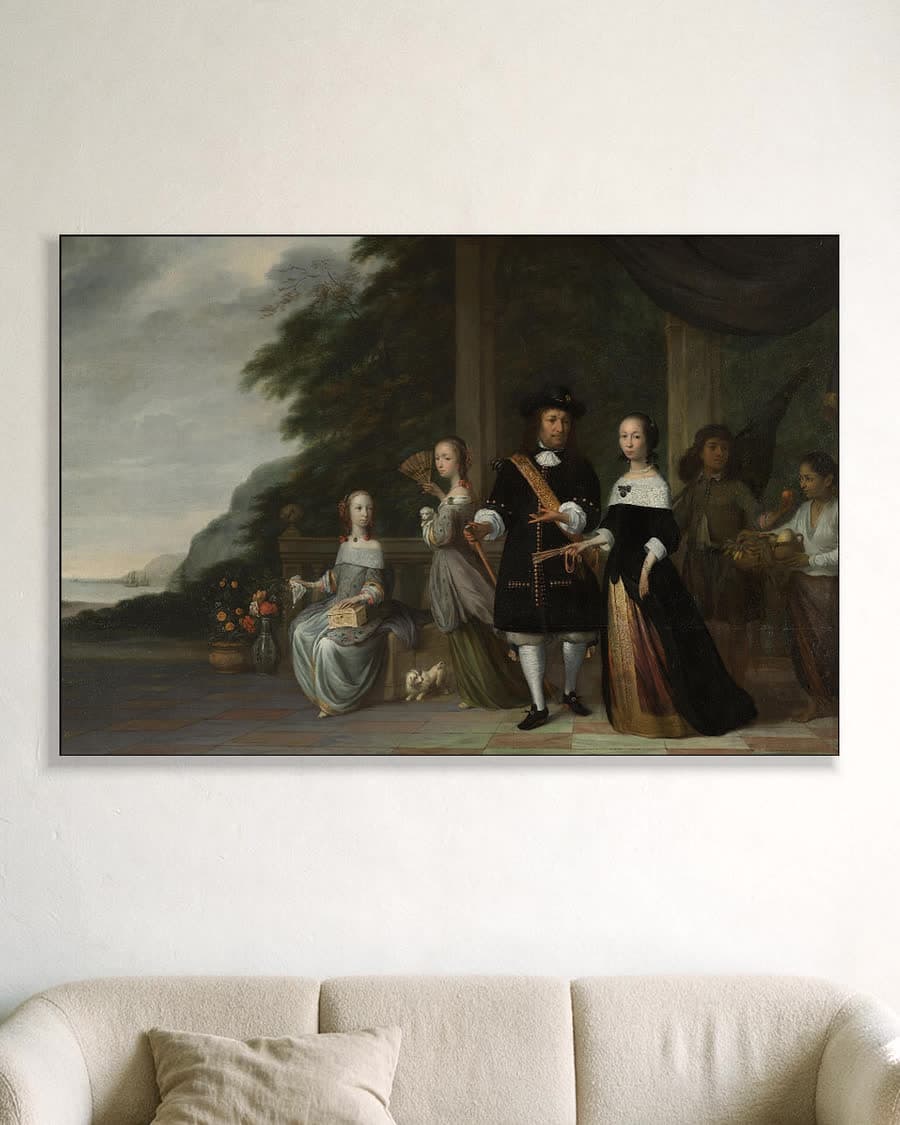 Pieter Cnoll, Cornelia van Nijenrode, hun dochters en twee tot slaaf gemaakte bedienden in een aluminium frame aan dezelfde muur