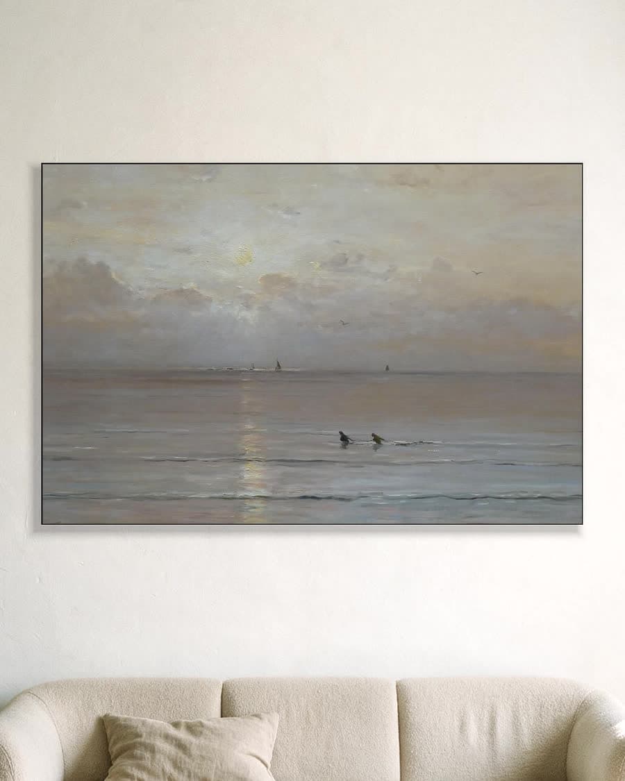 Zonsondergang met kreeftenvissers in een aluminium frame aan dezelfde muur