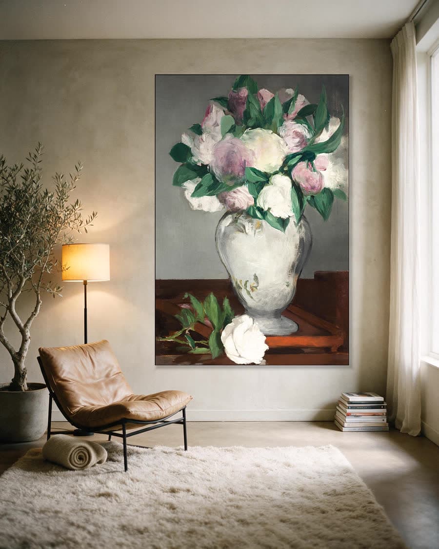 Pioenrozen in een aluminium frame aan dezelfde muur