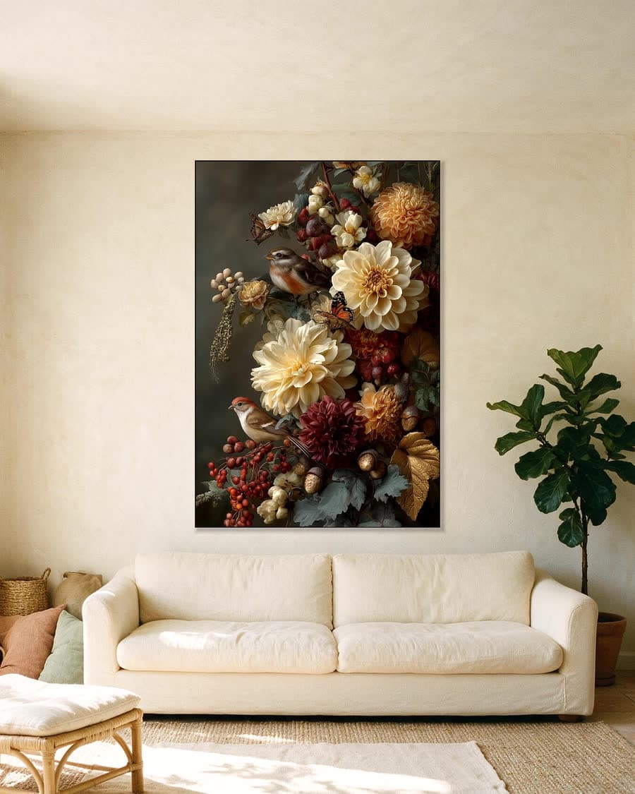 Herfstboeket met mussen in een aluminium frame aan dezelfde muur