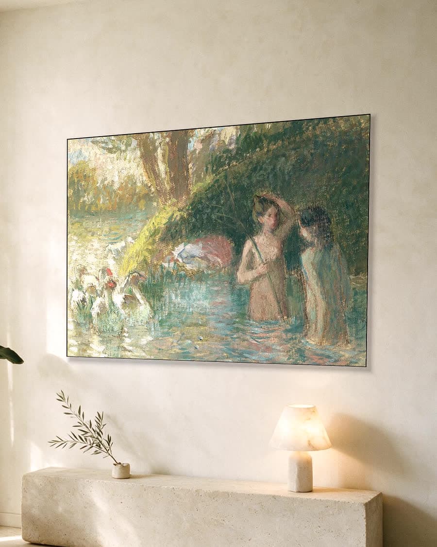 Badende ganzenhoedsters in een aluminium frame aan dezelfde muur