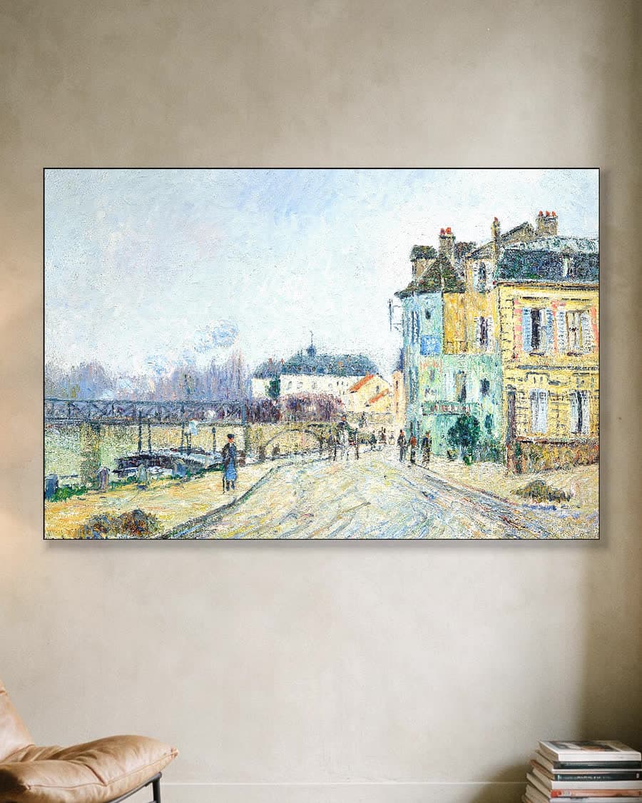 De kade van de Oise bij Pontoise in een aluminium frame aan dezelfde muur