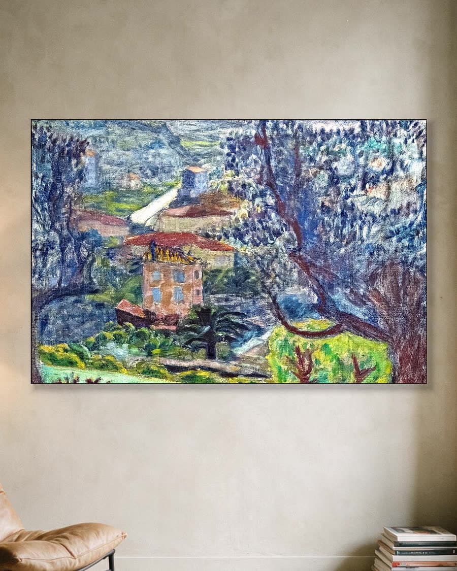 Dorpsgezicht in de vallei in een aluminium frame aan dezelfde muur