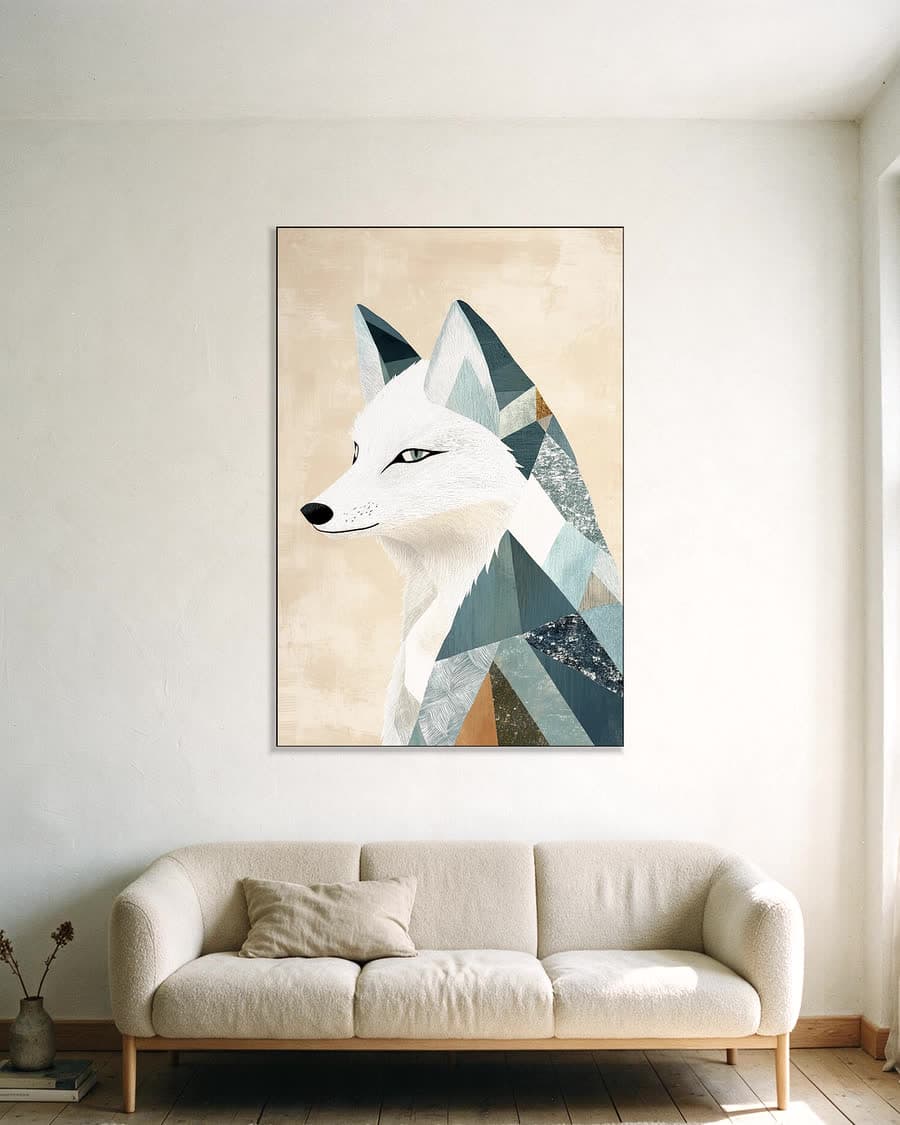 Poolvos in facetten in een aluminium frame aan dezelfde muur