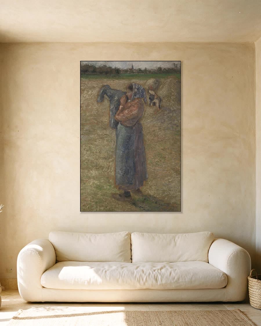 Boerin op het veld in een aluminium frame aan dezelfde muur
