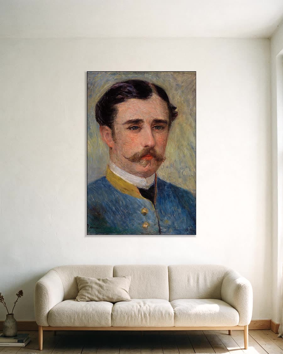 Portret van een man (meneer Charpentier) in een aluminium frame aan dezelfde muur