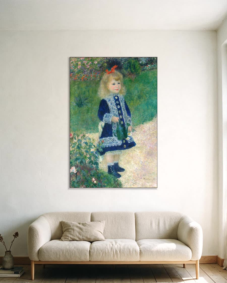 Meisje met gieter in een aluminium frame aan dezelfde muur