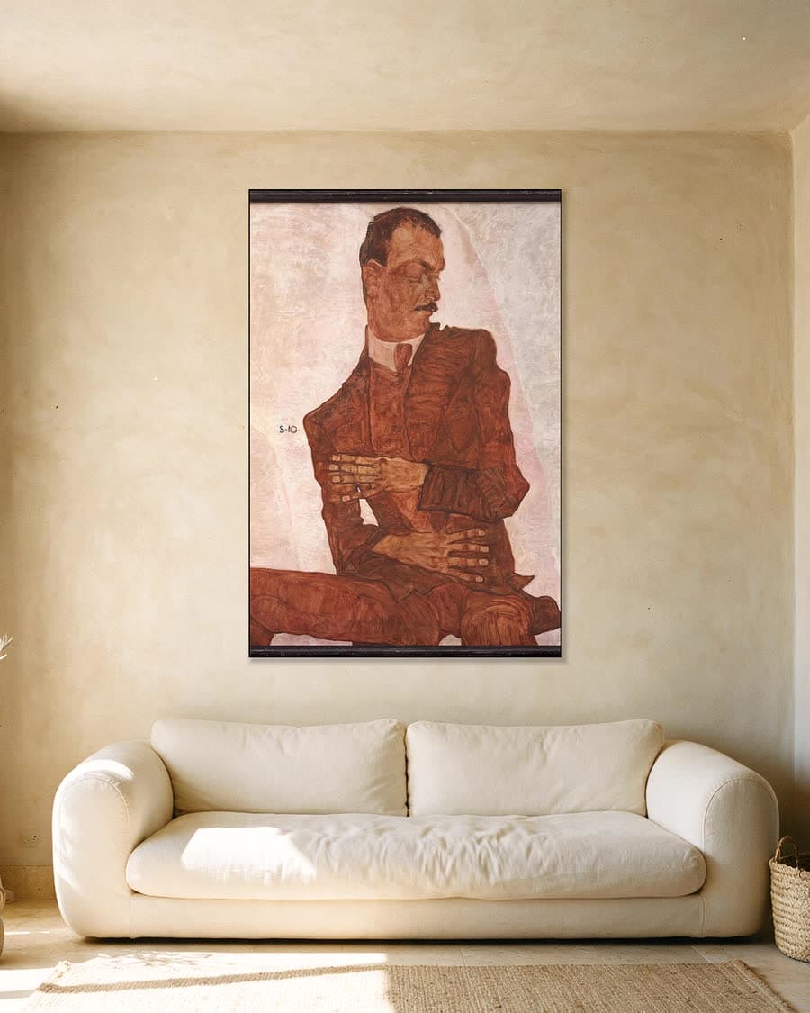 Portret van Arthur Roessler in een aluminium frame aan dezelfde muur