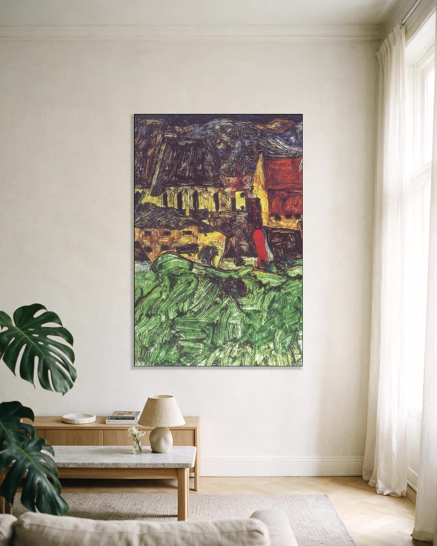 Stadsgezicht van Krumau (Sint-Veitkerk met huizen) in een aluminium frame aan dezelfde muur