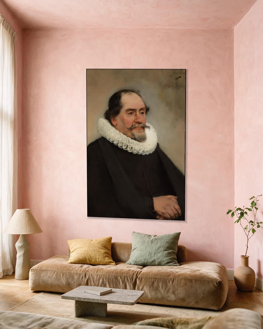 Portret van Abraham de Potter, zijdelakenkoopman in Amsterdam in een aluminium frame aan dezelfde muur
