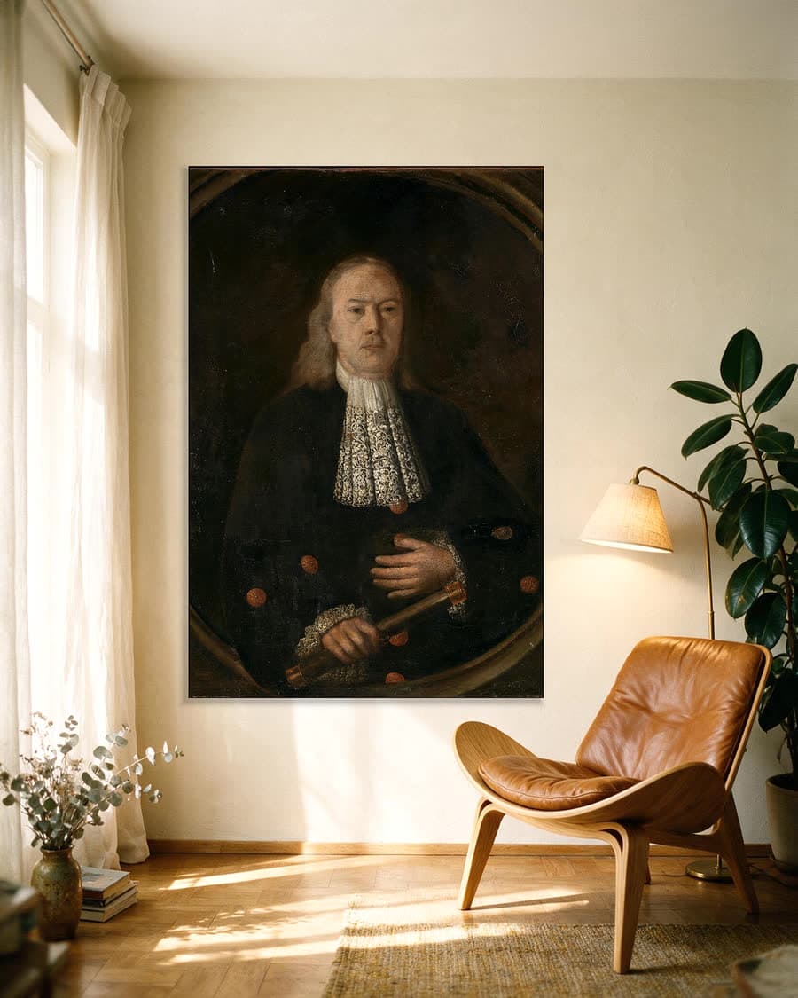 Portret van Abraham van Riebeeck (1653-1713) in een aluminium frame aan dezelfde muur