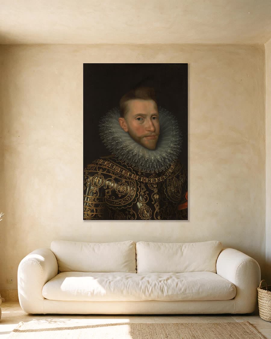 Portret van Albrecht van Oostenrijk (1559-1621), aartshertog in een aluminium frame aan dezelfde muur
