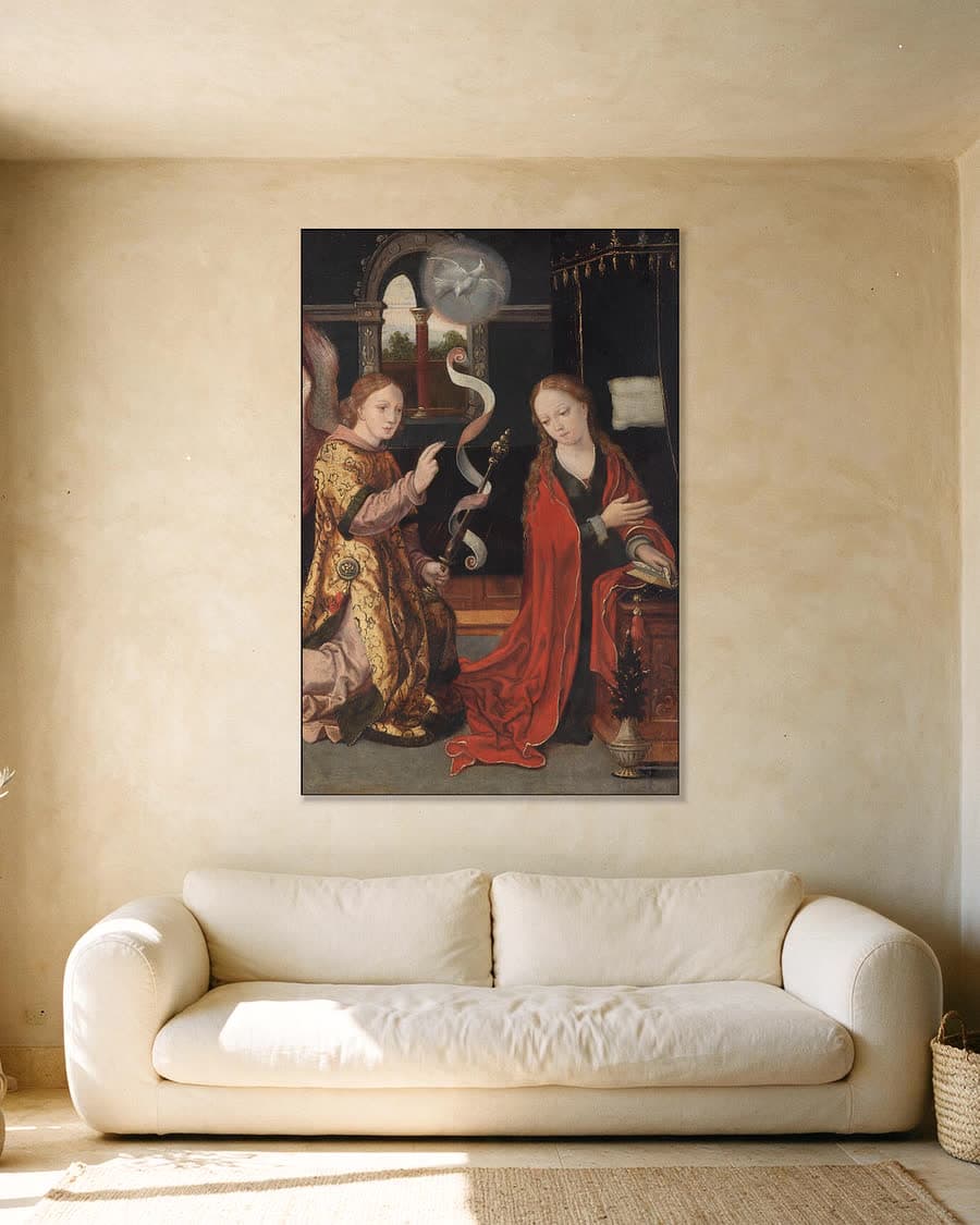 De annunciatie in een aluminium frame aan dezelfde muur