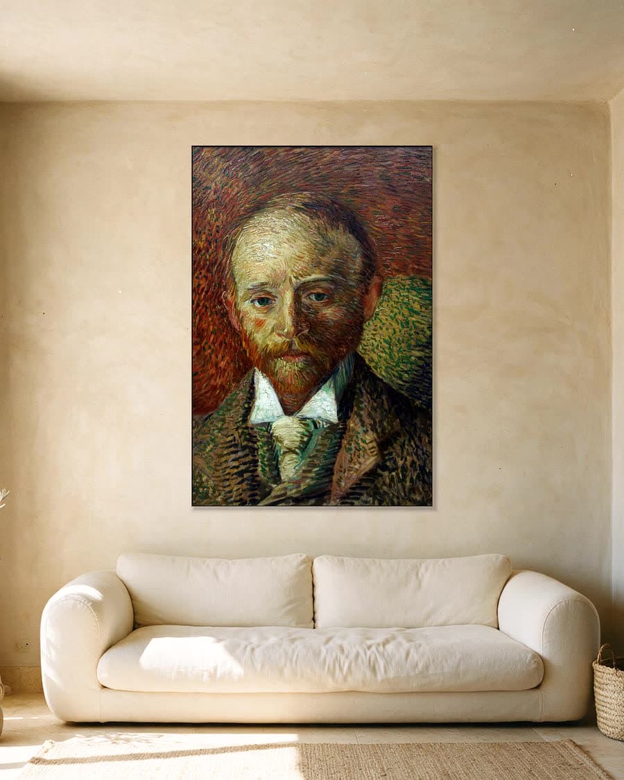 Portret van Alexander Reid in een aluminium frame aan dezelfde muur