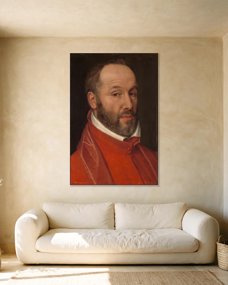 Portret van Antoine Perrenot, kardinaal de Granvelle in een aluminium frame aan dezelfde muur