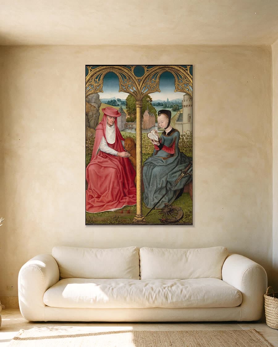 De heilige Hieronymus en de heilige Catharina in een aluminium frame aan dezelfde muur